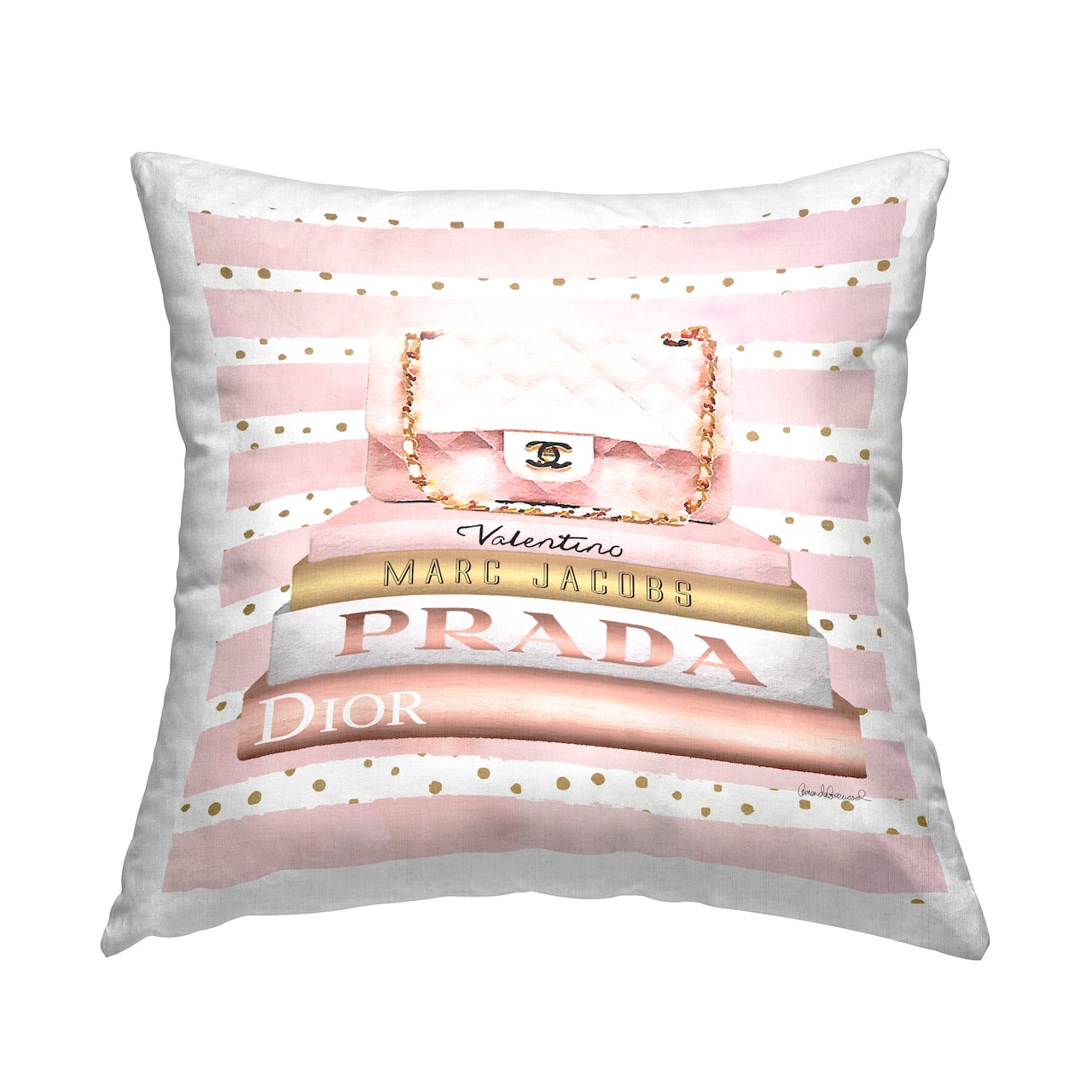 Stupell Industries Pink Designer Bag on Fashion Bookstack Striped Pattern Throw Pillow 18" x 18"
